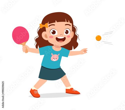 Happy young girl playing table tennis smiling broadly with a paddle and moving ball in an active pose