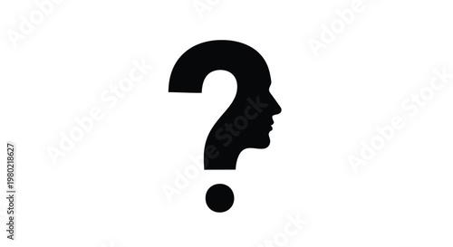 A striking black silhouette depicts a human head seamlessly integrated with a question mark symbol