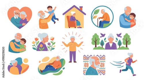 Collection of illustrations depicting seniors enjoying various activities, including family time, relaxation, and healthy living.