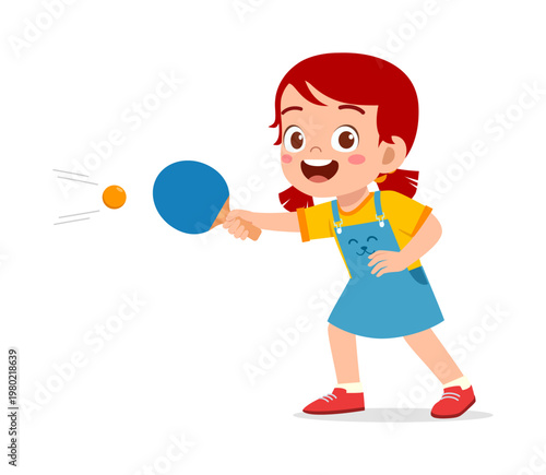 Happy Asian Girl Playing Table Tennis with Joyful Expression and Energetic Pose Cartoon Illustration