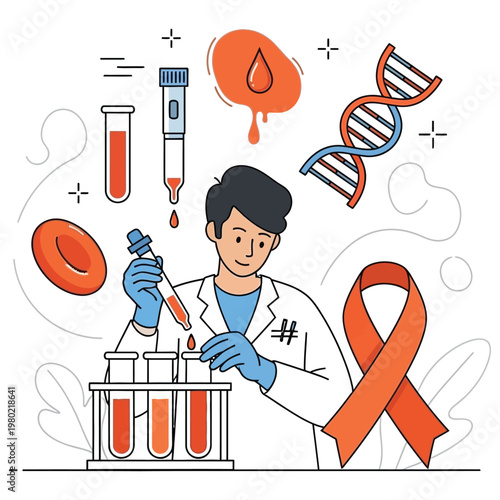 Male lab technician analyzing blood samples with orange awareness ribbon and dna background.