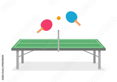 Table Tennis Game with Red and Blue Rackets and Ball Over Green Ping Pong Table Ready for Play