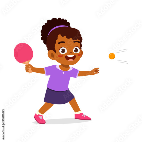 Happy African American little girl enthusiastically playing table tennis with a cheerful expression