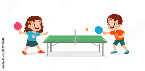 Happy little boy and girl playing table tennis smiling joyfully while hitting the ball with paddles