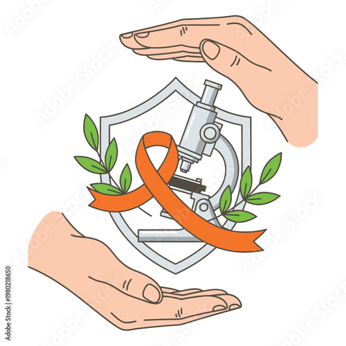 Scientific discovery and healthcare protection with orange awareness ribbon microscope and shielding hands.