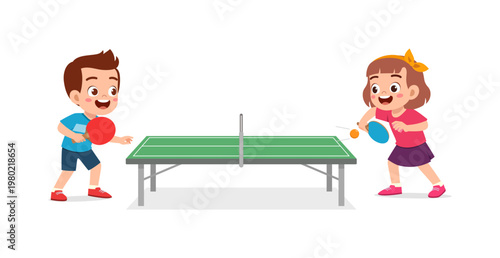 Happy smiling boy and girl playing table tennis together with paddles and ball on white background