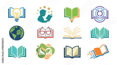 Collection of twelve diverse book-themed icons representing education, knowledge, and learning, presented in a grid format.