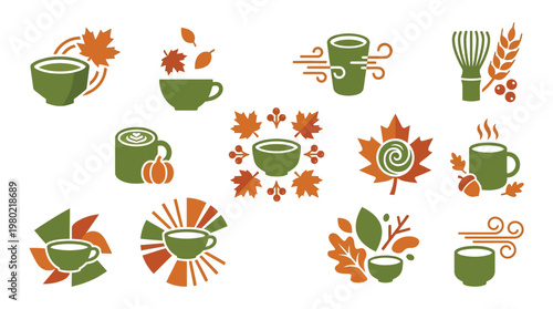 Collection of Autumn-Themed Hot Beverage Icons Featuring Mugs and Cups with Seasonal Elements.