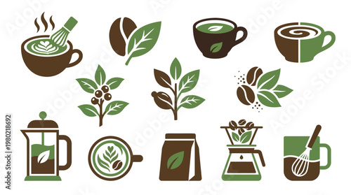 A collection of coffee-related icons featuring coffee beans, leaves, cups, and brewing equipment in brown and green.