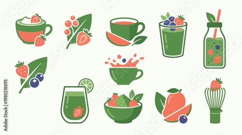 A vibrant collection of flat design icons representing healthy drinks, fresh fruits, and smoothie ingredients, perfect for health and wellness themes.