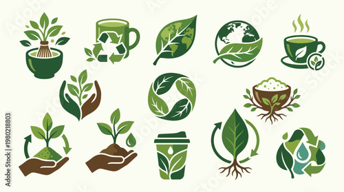 Collection of green eco-friendly icons representing nature, recycling, sustainability, and organic products.