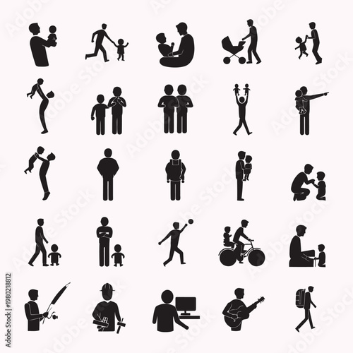 A collection of black silhouette icons depicting people and their daily activities