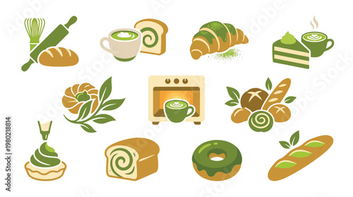 A collection of delicious matcha-flavored baked goods and drinks, including bread, croissants, cakes, donuts, and cups of tea.