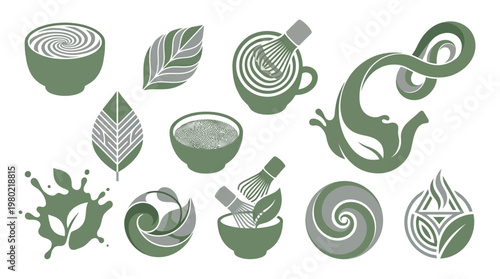 Collection of stylized green tea-related icons and illustrations, featuring matcha bowls, whisks, leaves, and abstract swirling designs.