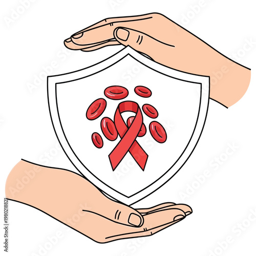 hands supporting a shield with red ribbon and blood cells for hiv aids awareness and protection.