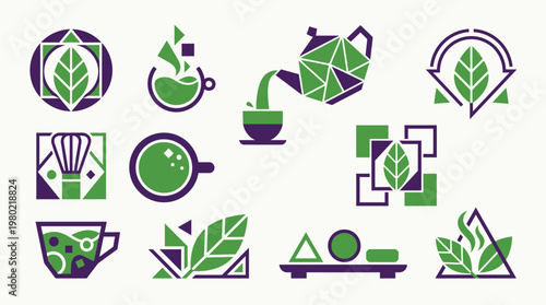 A collection of abstract geometric logos and icons featuring green tea leaves and cups, presented in a purple and green color scheme.