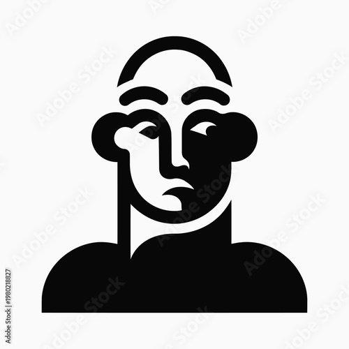 A black and white image of a person's head and shoulders