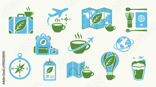 Collection of travel-themed icons featuring tea, luggage, maps, and transportation, symbolizing the journey of enjoying tea around the world.