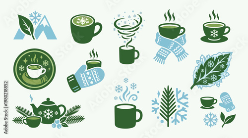 Collection of winter-themed tea and hot beverage illustrations featuring mugs, teapots, snowflakes, and cozy elements.