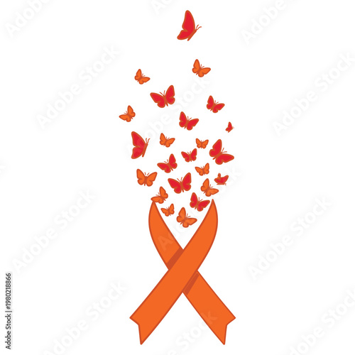 orange awareness ribbon with numerous butterflies symbolizing multiple sclerosis and hope.