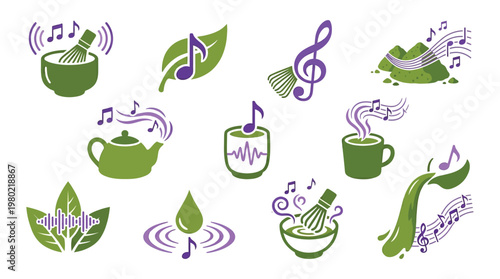 A collection of green and purple icons representing the harmonious blend of music and nature, featuring elements like tea, leaves, water, and mountains.