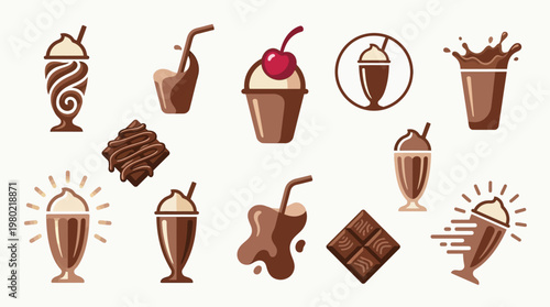 A collection of various chocolate-themed drinks, desserts, and chocolate bars, presented as stylized icons on a white background.
