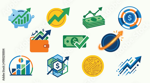 A vibrant collection of financial growth and investment icons, illustrating concepts like savings, profit, and digital currency.