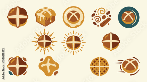 A collection of stylized illustrations of hot cross buns, showcasing various designs and artistic interpretations of the traditional Easter treat.