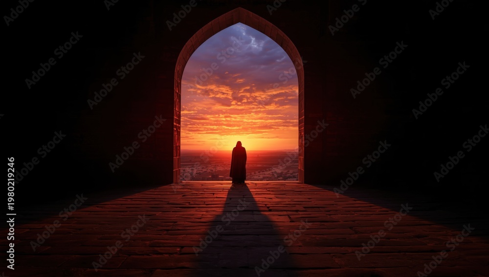 Fototapeta premium A lone figure stands silhouetted in an ancient archway, gazing at a breathtaking sunset over the ocean