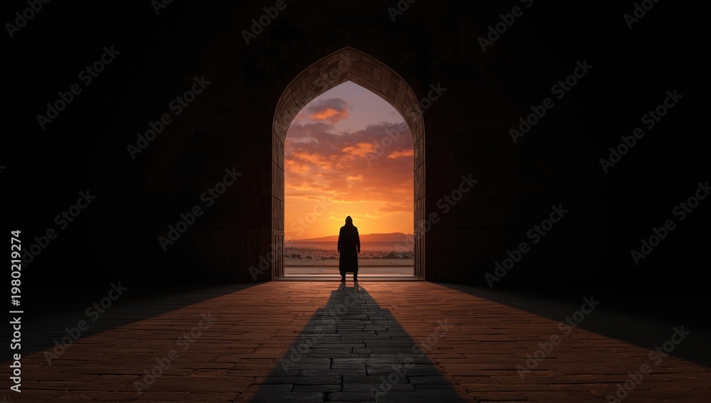 Fototapeta premium A lone figure stands silhouetted in a dark archway, gazing at a breathtaking sunset