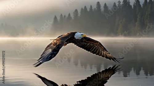 Majestic Bald Eagle Soaring Over Misty Lake at Sunrise, Symbol of Freedom