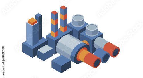 Modern Industrial Factory Building with Smokestacks and Pipes.