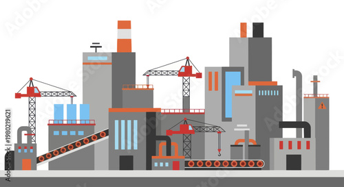 Modern Industrial Factory Complex with Cranes and Smokestacks.