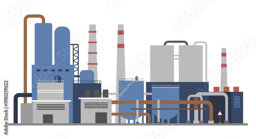 Modern Industrial Factory Complex with Smokestacks and Pipelines.