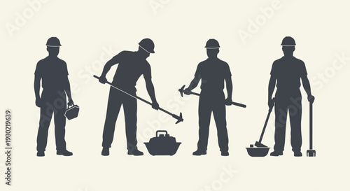 Silhouettes of construction workers in various poses with tools.