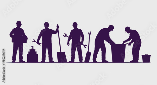 Silhouettes of construction workers with tools and equipment.