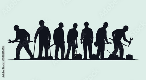 Silhouettes of diverse construction workers and tradesmen with tools.