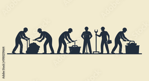 Silhouettes of workers engaged in various industrial and maintenance tasks.
