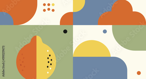 Stylized Lemon Fruit Illustration with Geometric Shapes and Abstract Elements.