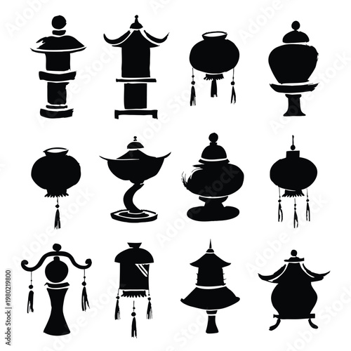 Traditional Japanese Lantern and Pagoda Architecture Silhouette Collection Set