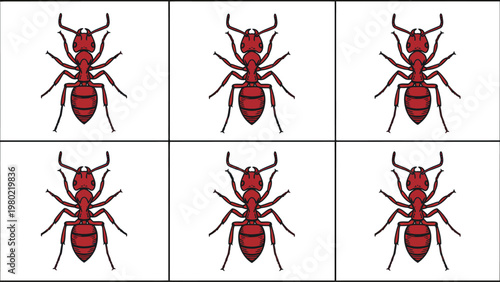 Identical Red Ants Arranged in a Grid on White Background - Simple Insect Illustration Pattern