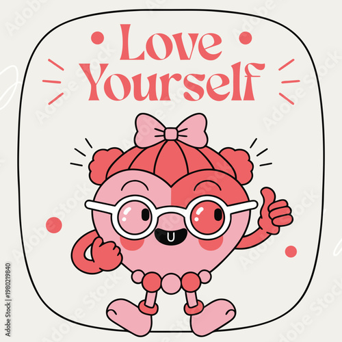 Sweet and charming cartoon heart character, wearing glasses and a bow, expresses a powerful message of 'Love Yourself' with a joyful thumbs-up gesture, symbolizing self-care and happiness