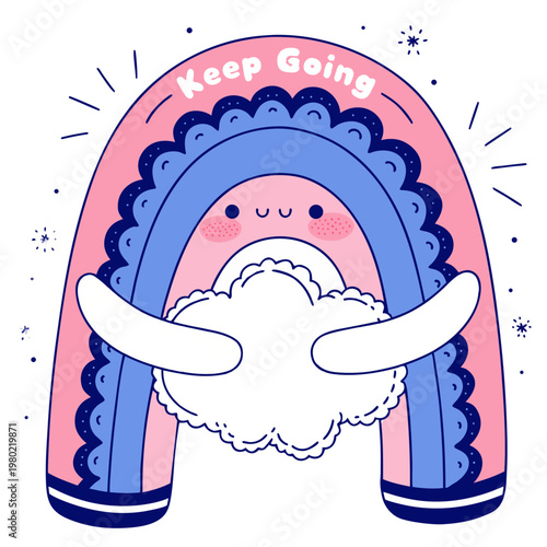 Inspirational rainbow illustration with a happy face and a cloud, encouraging the message 'Keep Going' surrounded by subtle starbursts