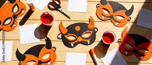 Top view of handmade orange and black devil masks arranged on a sunlit wooden table with red paint, scissors, glue, and blank cards, showing a festive paper craft setup for a seasonal home activity