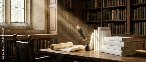 Sunbeams crossing an old library study where a feather quill, parchment, and stacked books rest on a wooden desk, evoking classic scholarship, quiet reflection, and timeless literary atmosphere