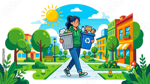 Woman carrying recycling bin and trash.