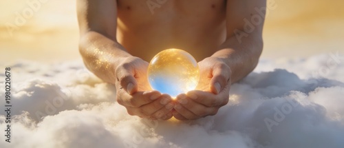 Bare torso and open hands holding a glowing glass orb above soft clouds in warm golden light, creating a symbolic scene of care, hope, spiritual energy, and wonder in an airy dreamlike setting