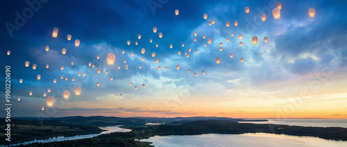 Dozens of illuminated sky lanterns drifting across a deep blue evening sky above lakes and rolling hills at sunset, capturing a peaceful celebration scene with warm light, distance, and reflection