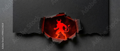 Glowing red devil silhouette revealed through a jagged tear in black paper, with fiery light, textured shadows, horns, tail, and a dramatic dark background suggesting danger, temptation, and evil