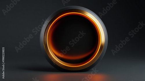 Elegant 3D rendered abstract sphere with a vibrant orange glowing ring on a dark, reflective surface.